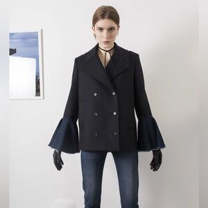 Each x Other Double Breasted Flare Denim Sleeve Wool Pea Coat in Black Small